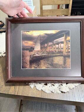 Sunset Harbor Sailboat Photography Wall Art Brown Frame Nautical sea